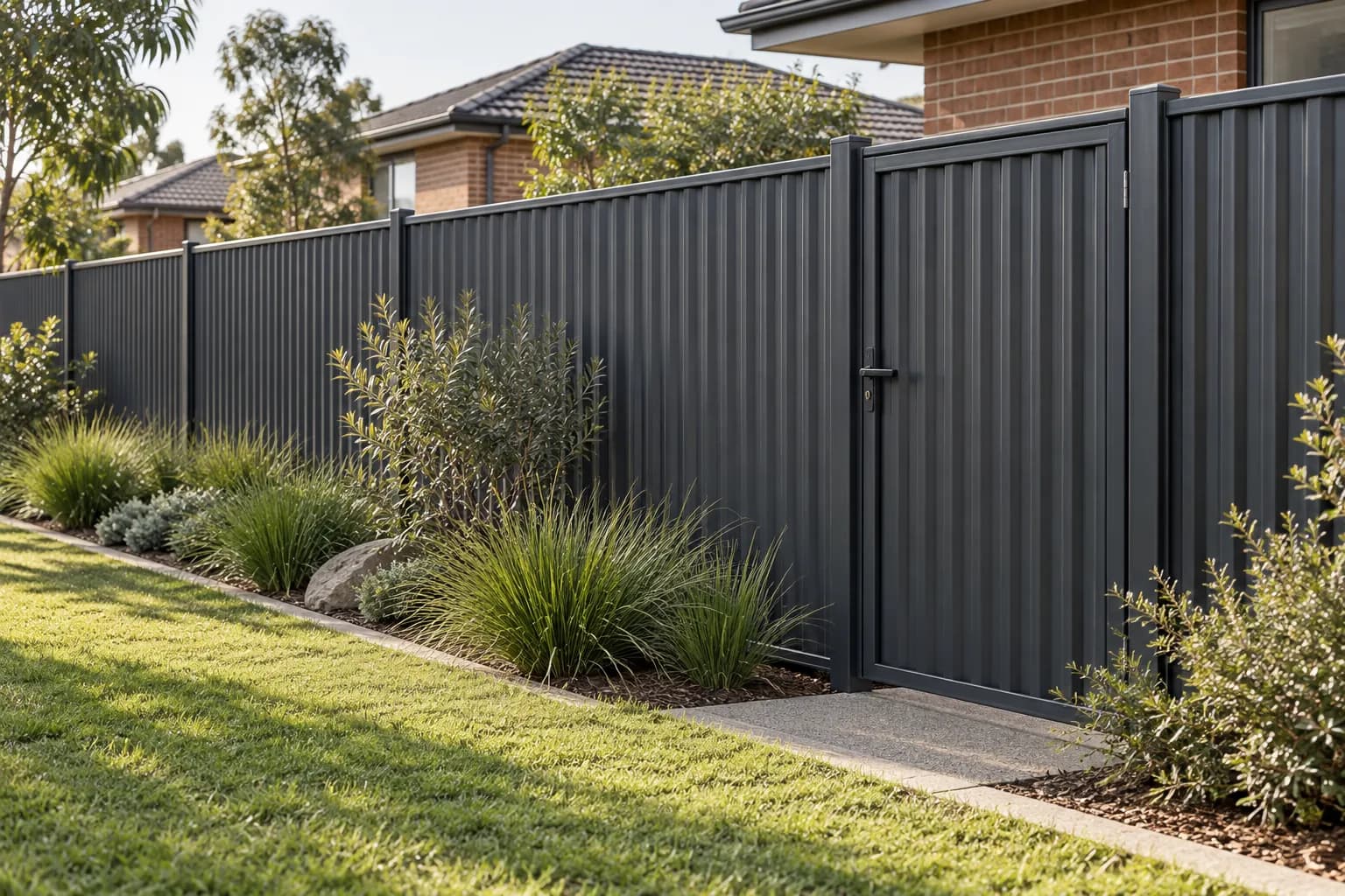 A steel boundary fence and gate beside a garden